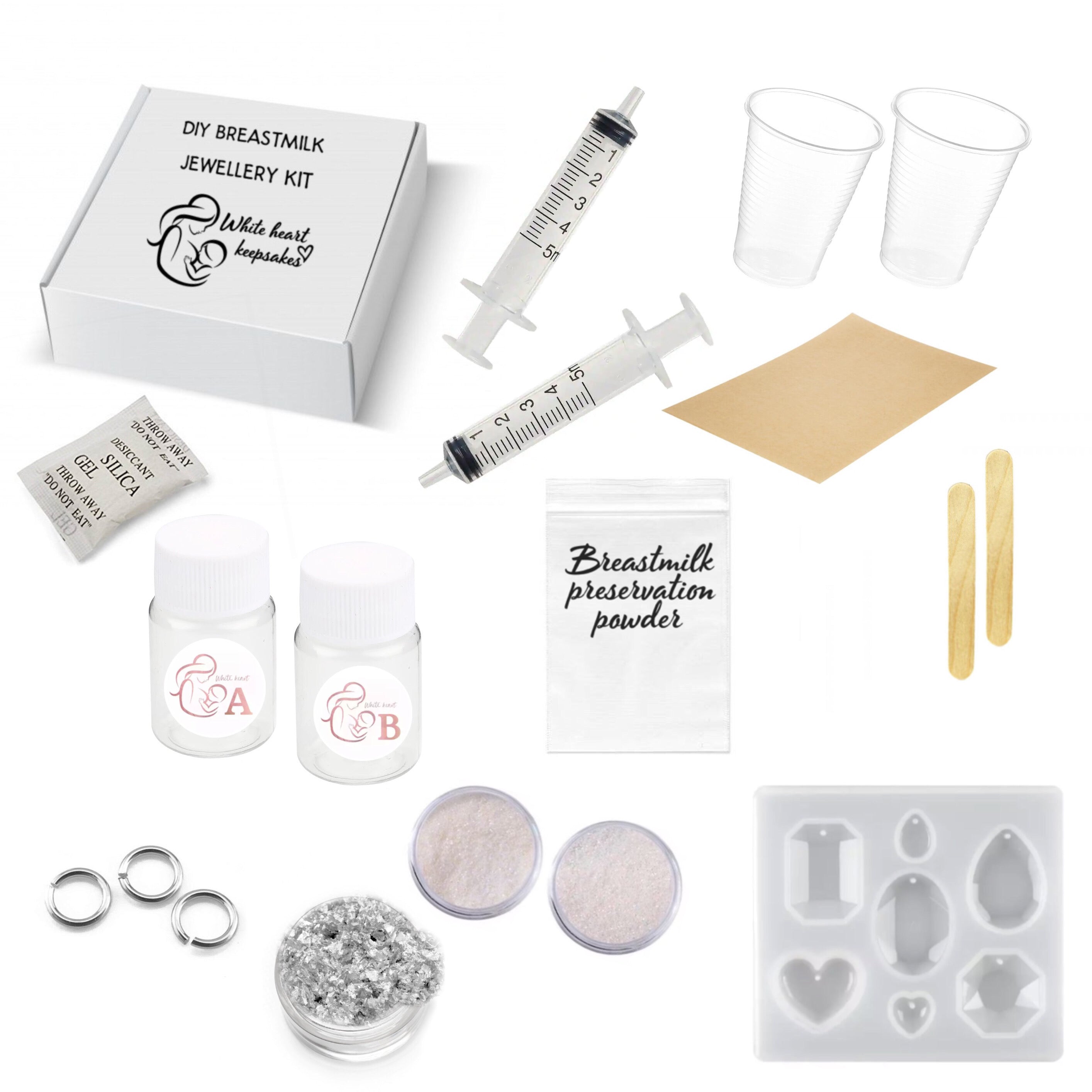 Basic DIY breastmilk jewellery kit stainless steel – White heart