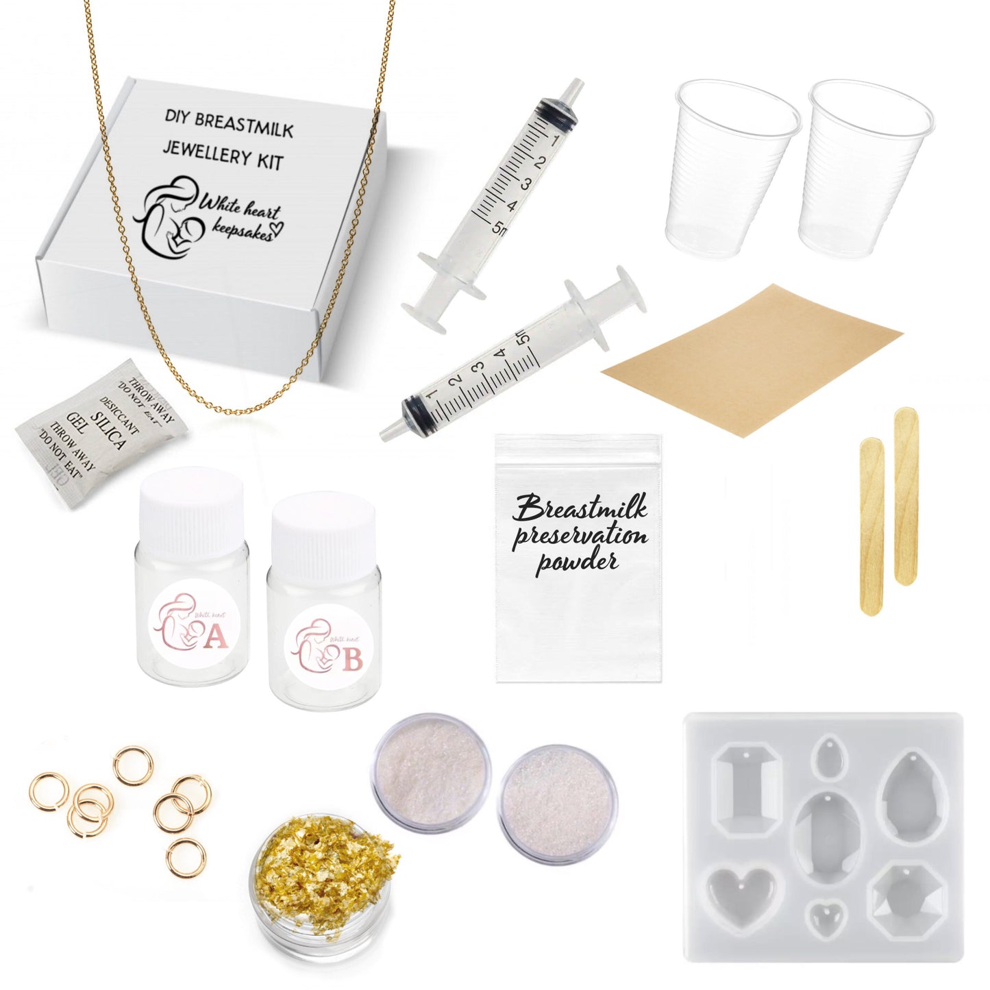 Unique jewelry made of breastmilk and other inclusions such is hair, milk teeth, flowers, pearls, cremation ashes