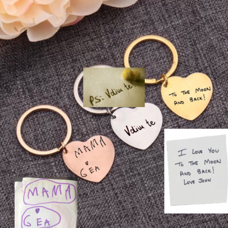 Actual children’s drawing or handwriting heart keychain stainless steel
