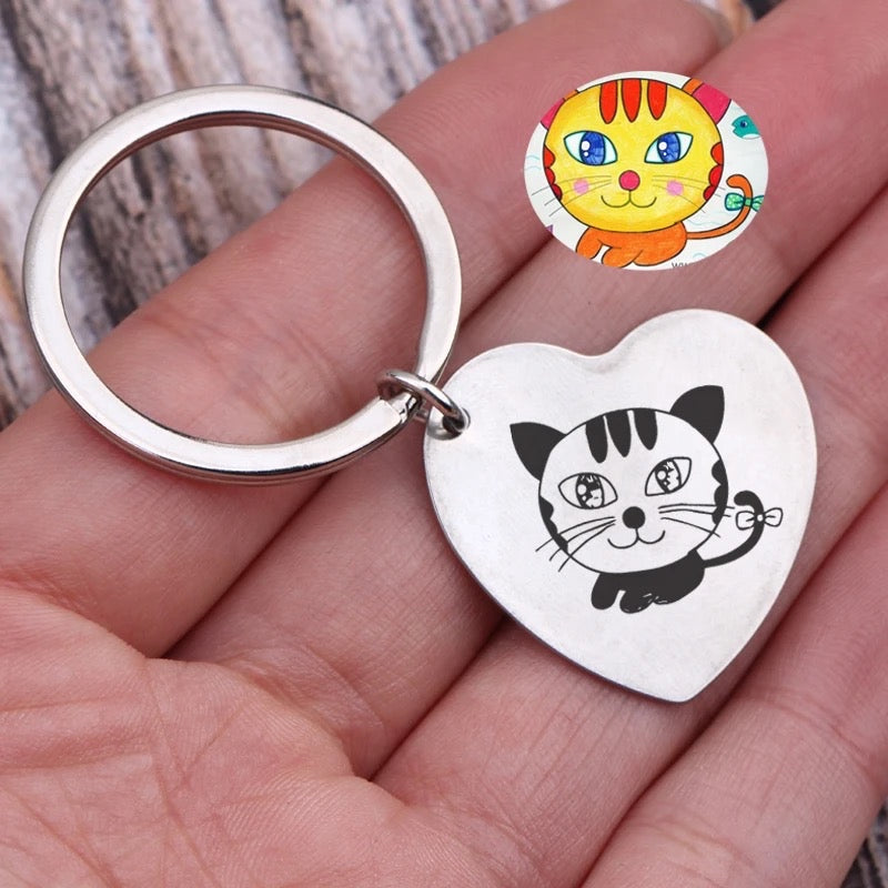Actual children’s drawing or handwriting heart keychain stainless steel